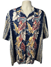 Vintage Hilo Hatties Blue Floral Hawaiian Aloha Button Up Shirt Large Pocket USA