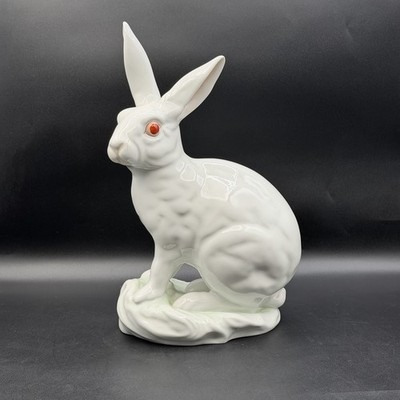 Herend XL White Bunny Rabbit Seated Figurine 11 1/4'' Hand Painted Porcelain 5334