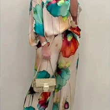 Women's Elegant Floral Print Satin Two-Piece Set