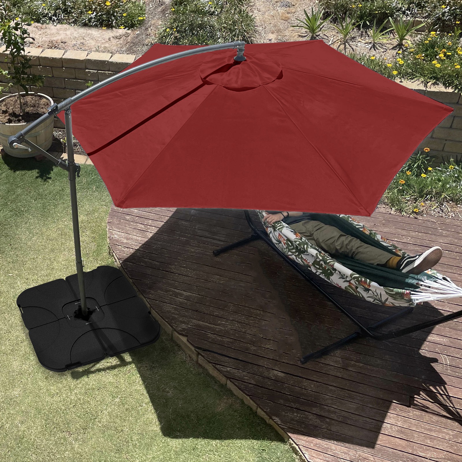 10 Foot Offset Cross Base Aluminum Hanging Crank Patio Umbrella Red Canopy