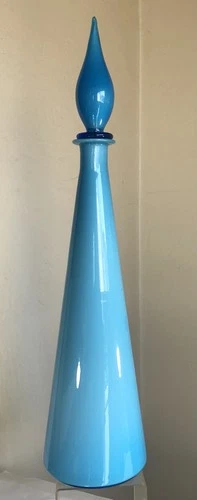VINTAGE ITALIAN BLOWN CASED GLASS DECANTER EMPOLI POWDER BLUE 25" BLENKO ERA