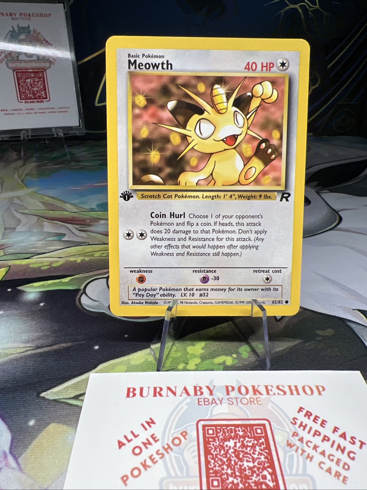 1st Edition Meowth 62/82 - Team Rocket Pokemon NM Free Shipping!!