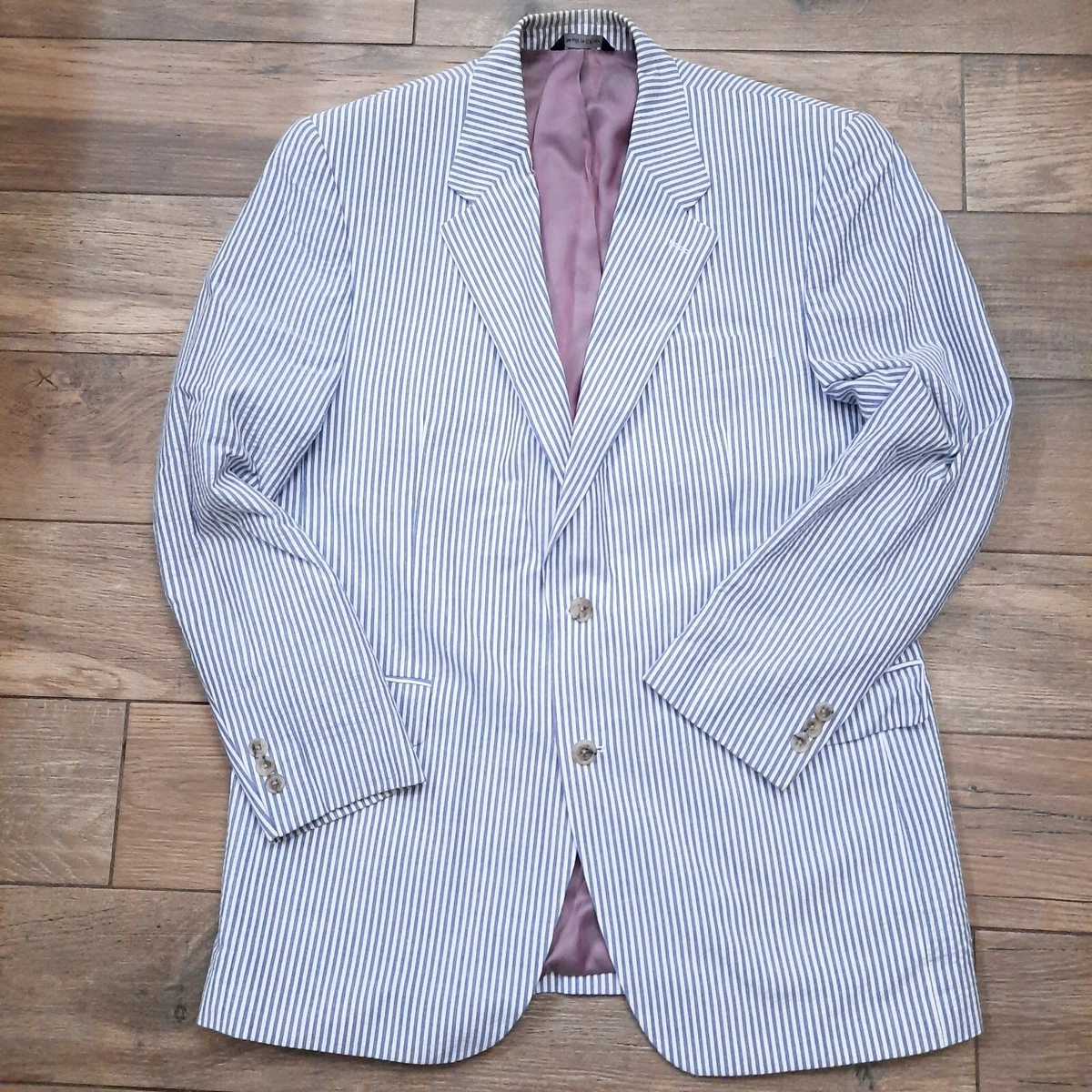 Alan Flusser Seersucker Sports Jacket blazer 42R Blue Cotton men s blue white