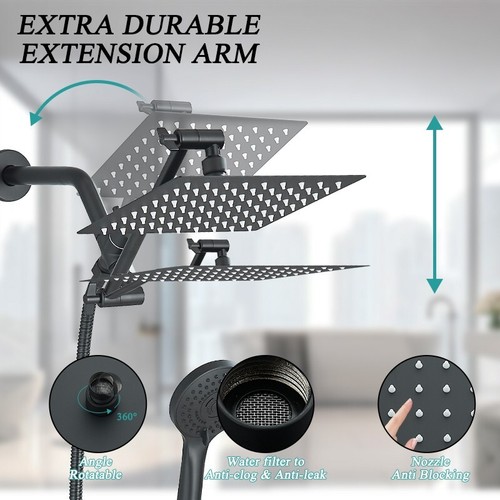 High Pressure Rain Shower Head Dual Showerhead Combo W/Extension Adjustable Arm - 第 8/52 張圖片