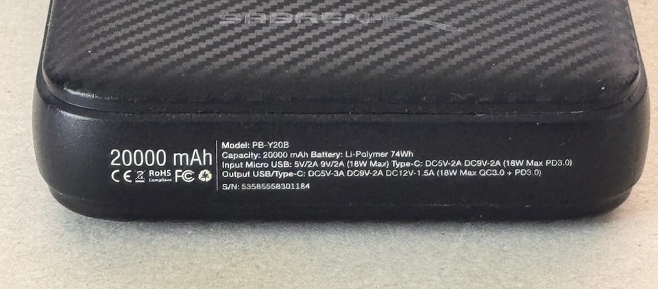 SABRENT USB C Power Bank with Quick Charge 3.0 20000 mAh USB C PD (PB-Y20B) - Image 3 of 4