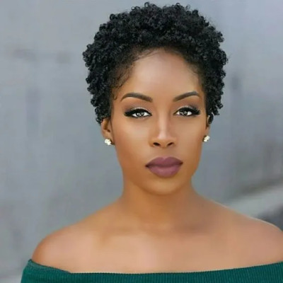 Short Black Pixie Cut Real Hair Wig No Lace Afro Curly Wig For Black Women