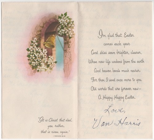 Tarjeta de Pascua vintage con campanas de mediados de siglo escena de iglesia plegada francesa línea de sol - Imagen 2 de 3