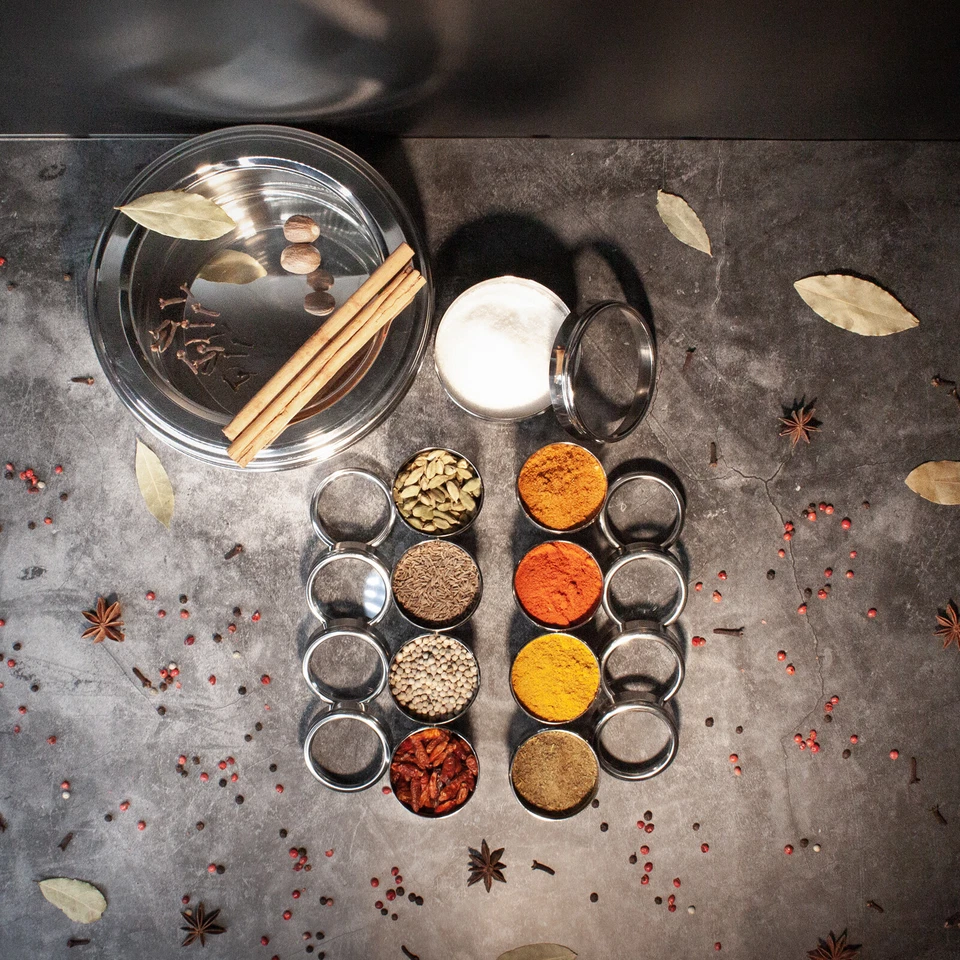 Authentic Indian Spice Tin Box Masala Dabba Stainless Steel 9PC Spices Herb Pots - Image 4 of 4