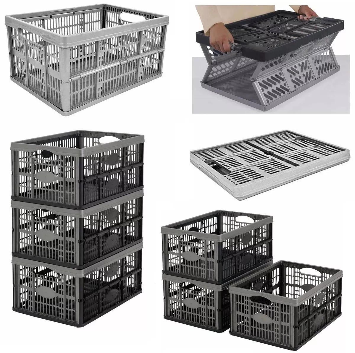 Strong Folding Collapsible Plastic Storage Crates Boxes Stackable Basket  32L New