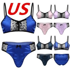 US Mens Lingeries Set Embroidery Lace Satin Bra with Sissy Panties Underwear