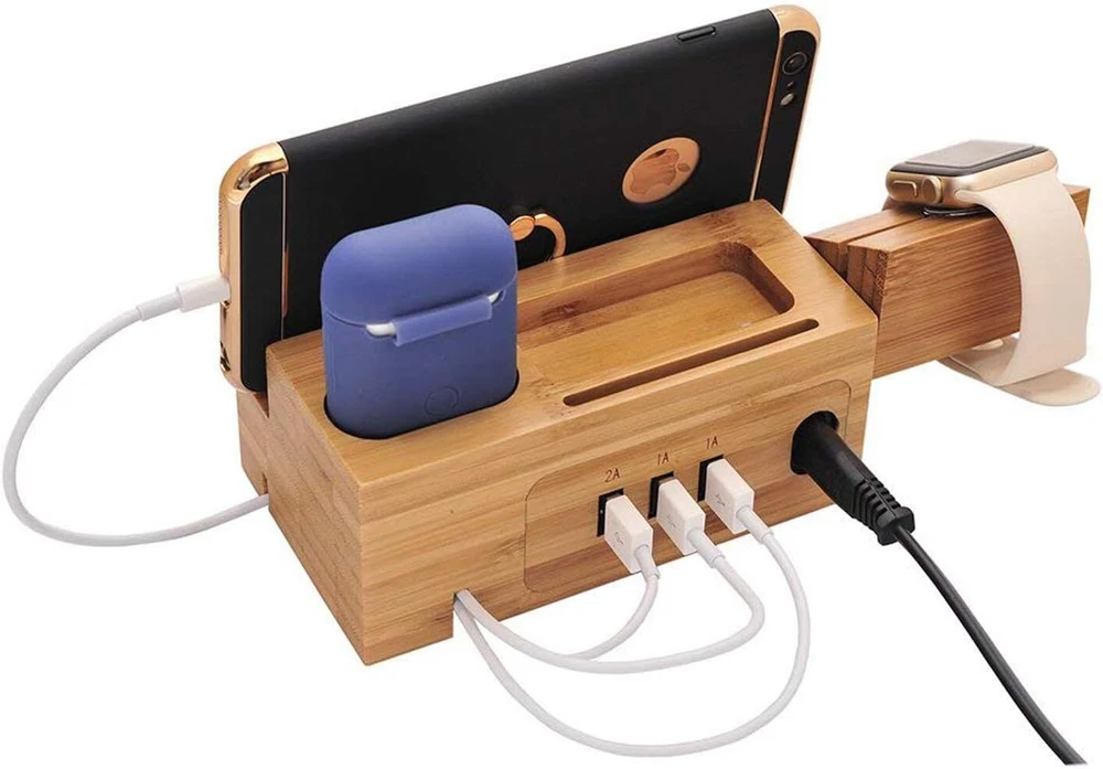 Bamboo Desktop 3 USB HUB Charging Dock Station Charger Holder Cradle Charge