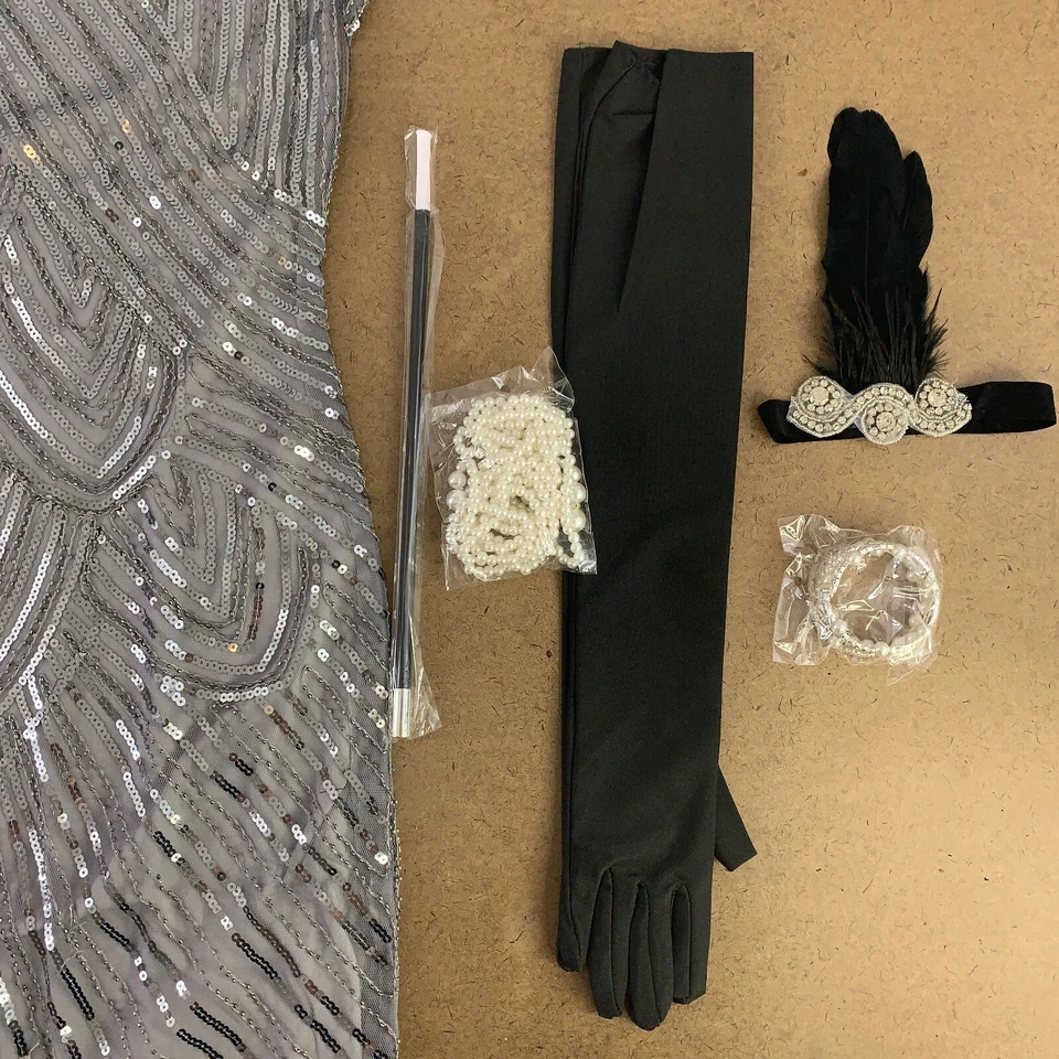 Women's Size XL Gray Sequin Fringe Flapper Dress & Accessory Set 9 Pieces NWT - Image 3 of 4