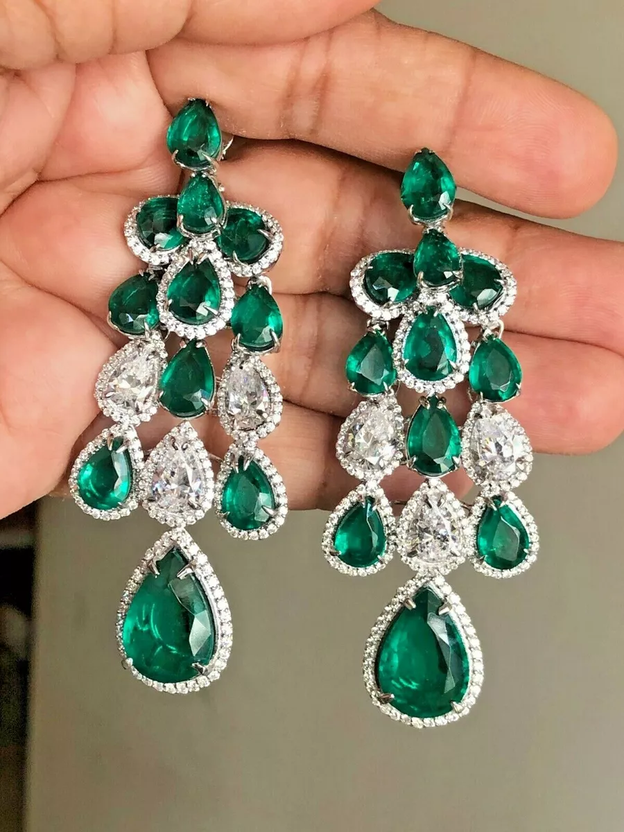 Pear Emerald Simulated Diamond Cluster Chandelier Earrings 14k