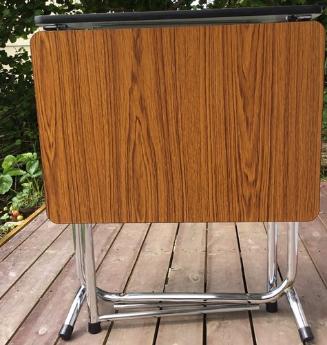 Mesa de cocina vintage Formica imitación madera con patas cromadas hojas caídas mediados de siglo - Imagen 13 de 22