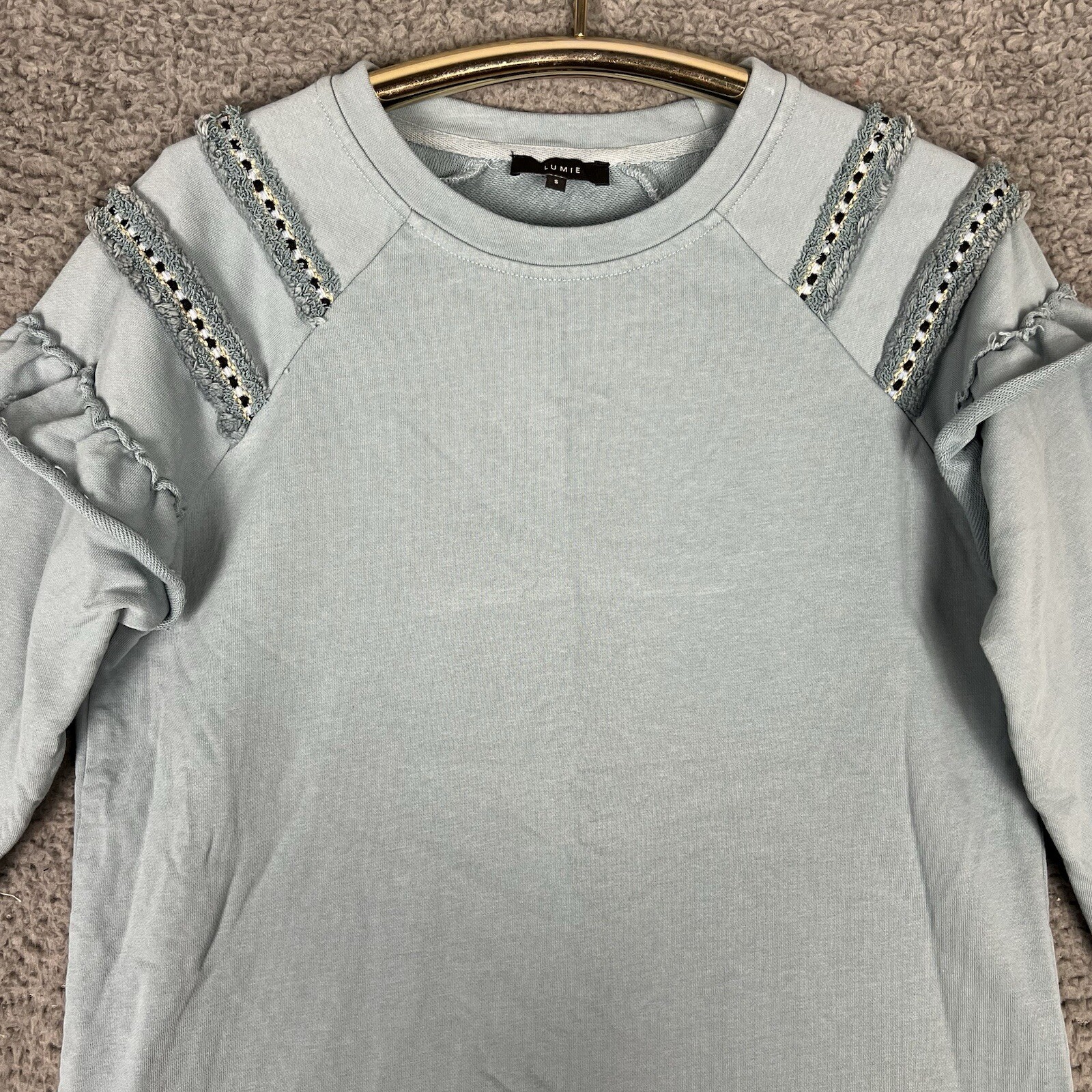 LUMIE Blue-ish/Green Crew Neck Sweater Ruffle Details Fleece Lined Womens Small