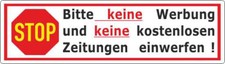 Stop Keine Werbung Keine kostenlosen Zeitungen einwerfen Aufkleber 20x70 mm 1211