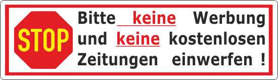 Stop Keine Werbung Keine kostenlosen Zeitungen einwerfen Aufkleber 20x70 mm 1211