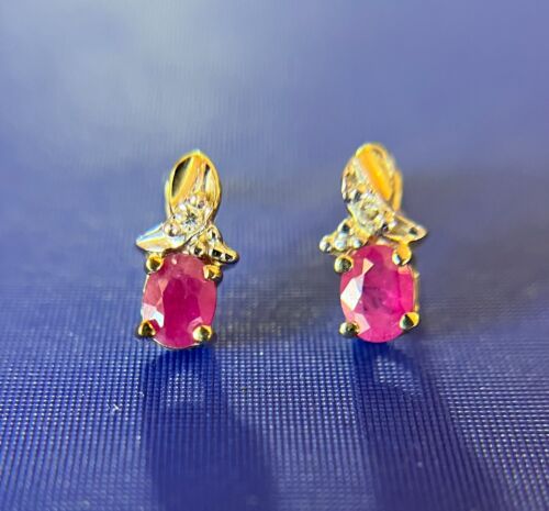 Vintage 10K Yellow Gold Natural Ruby and Diamond Earrings, Mother's Day Love