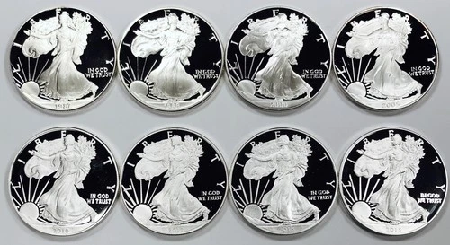 LOT OF 8 MIXED DATE 1 OZ .999 FINE AMERICAN SILVER EAGLE PROOFS! NICE! NR #G3445
