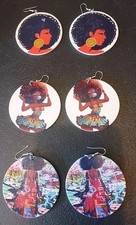 African Women Afro Wooden Drop Dangle Earring Large Lot Of 3 Pairs Lightweight