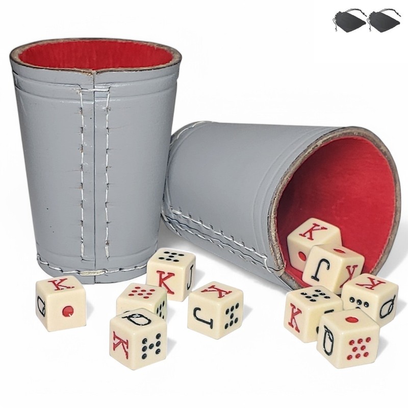(2) Sets Genuine Leather Compact Dice Cups Grey Red + Spanish Poker Dice Ivory