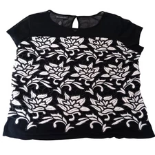 INC Blouse Top Romantic Artsy Floral Applique Feminine Cap Sleeves M Black White