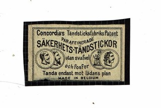 1 Antigua Bélgica c1900s Match Label Concordia's Tandsticksfabriks tamaño 57x33mm