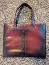 Vintage 70s Mexican Leather Tote Bag Hand Stitched Whipstitch Boho Hippie Purse