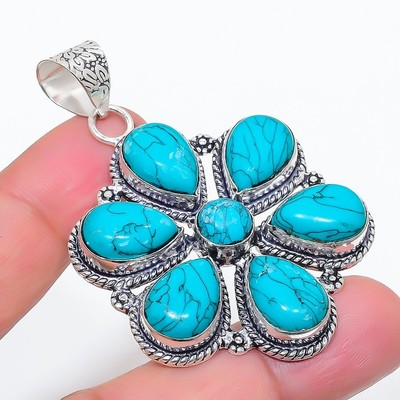 Blue Turquoise Gemstone Handmade 925 Sterling Silver Jewelry Pendant Size 2.1''