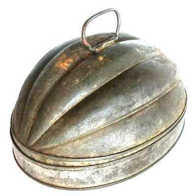 Antique Tin Steamed Pudding Mold Unsigned Patina 2 Piece w Handles Nice
