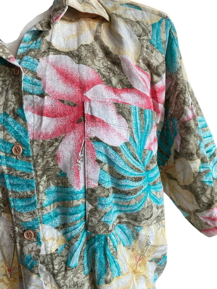 Blusa De Colección Años 80 Rosa Azul Hawaiana Abotonada Manga Corta Mujer M Miami Vice Foto 4 de 4