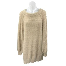 Easel Women's Brown Tan Fuzzy Faux Fur Long Sleeve Knit Mini Sweater Dress Sz S