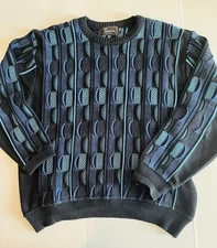 Tosani Canada Vintage Knit Sweater Mens Sz L Blue 3D Knit Combed Cotton Pullover