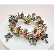 Vintage 90s Boho Shell Silver Tone Charm Bracelet Statement Women's Jewelry