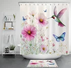 Hummingbird Blue Butterfly Pink Floral Shower Curtain Bathroom Accessories Set