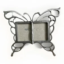 Butterfly Filigree Metal Pewter? Double Picture Frame 4.5" Tall x 5" Wide EUC!