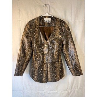 Ganni Snake Print Blazer Faux Leather Fitted Jacket Size 32 XS