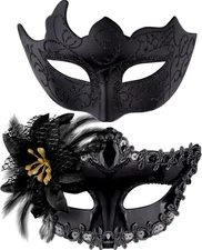SIQUK Couple Masquerade Masks Set Venetian Party Mask Plastic Flower Black 