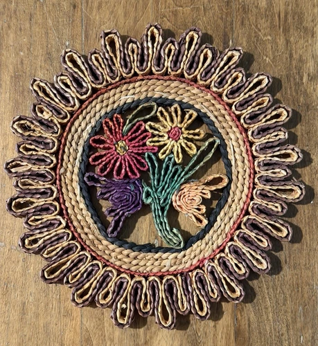 Colorful Woven Round Trivets Kitchen Raffia Hot Pads Wall Vintage Boho Set of 5 image 8