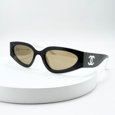 CHANEL CH6056 Cat Eye Sunglasses Black White Frame Brown Lens CC Logo 54-20-140