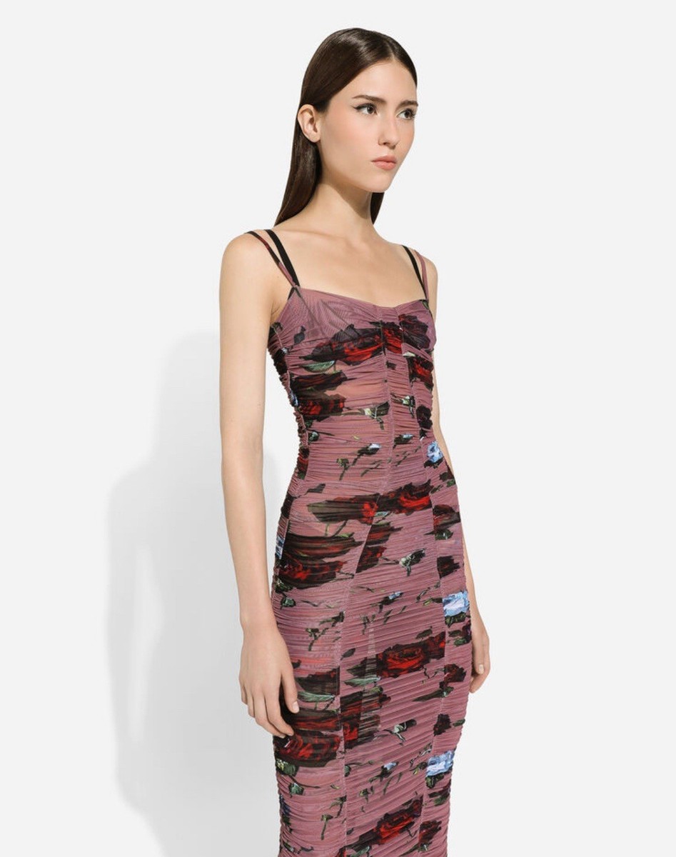 DOLCE & GABBANA Purple Mauve Floral Ruched Built In Slip Ruched Midi Dress  40IT
