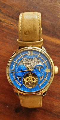Portas Herrenuhr Automatik Skelett blau gold Leder beige 50 m