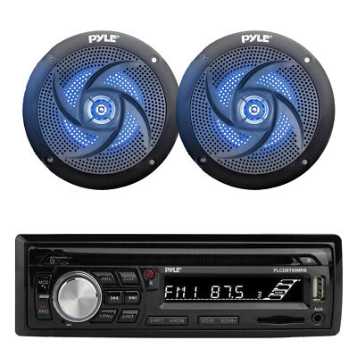 Pyle In Dash Marine Bluetooth CD Receiver, 2x 4'' 100W Blue Flashing LED Speakers