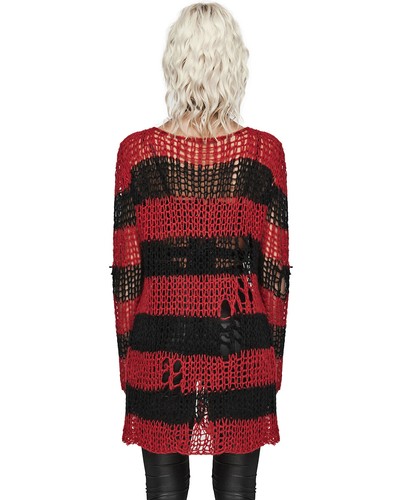 Punk Rave Womens Gothic Grunge Striped Shredded Cardigan Sweater Top Red Black - Picture 5 of 13