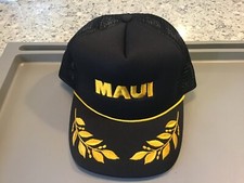 Vintage Hawaiian Headwear Black Maui Snapback Mesh Rope Trucker Gold Leaf Hat