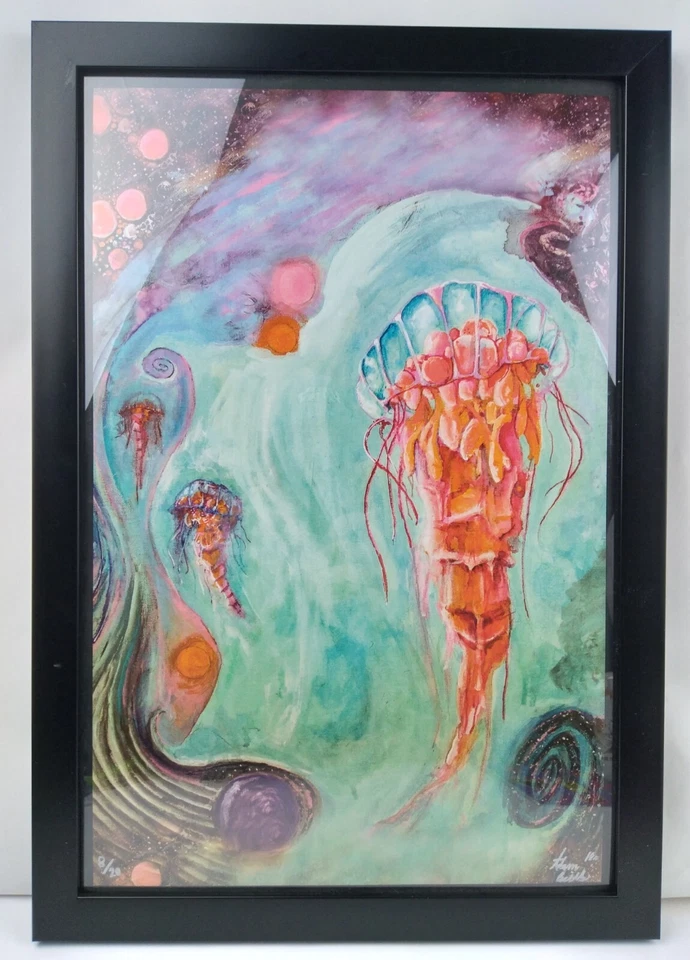 Rare Adam Beilke Painting Watercolor Jellyfish Sea Space Blacklight UV Wall Art - Image 3 of 4