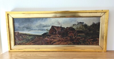 Antique Oil Painting Impressionism ''Farm In Wide Landscape'' Circa 1900