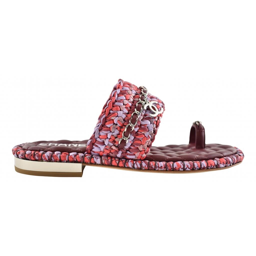 Chanel 20S Red Purple Raffia Tweed CC Chain Logo Mule Slide