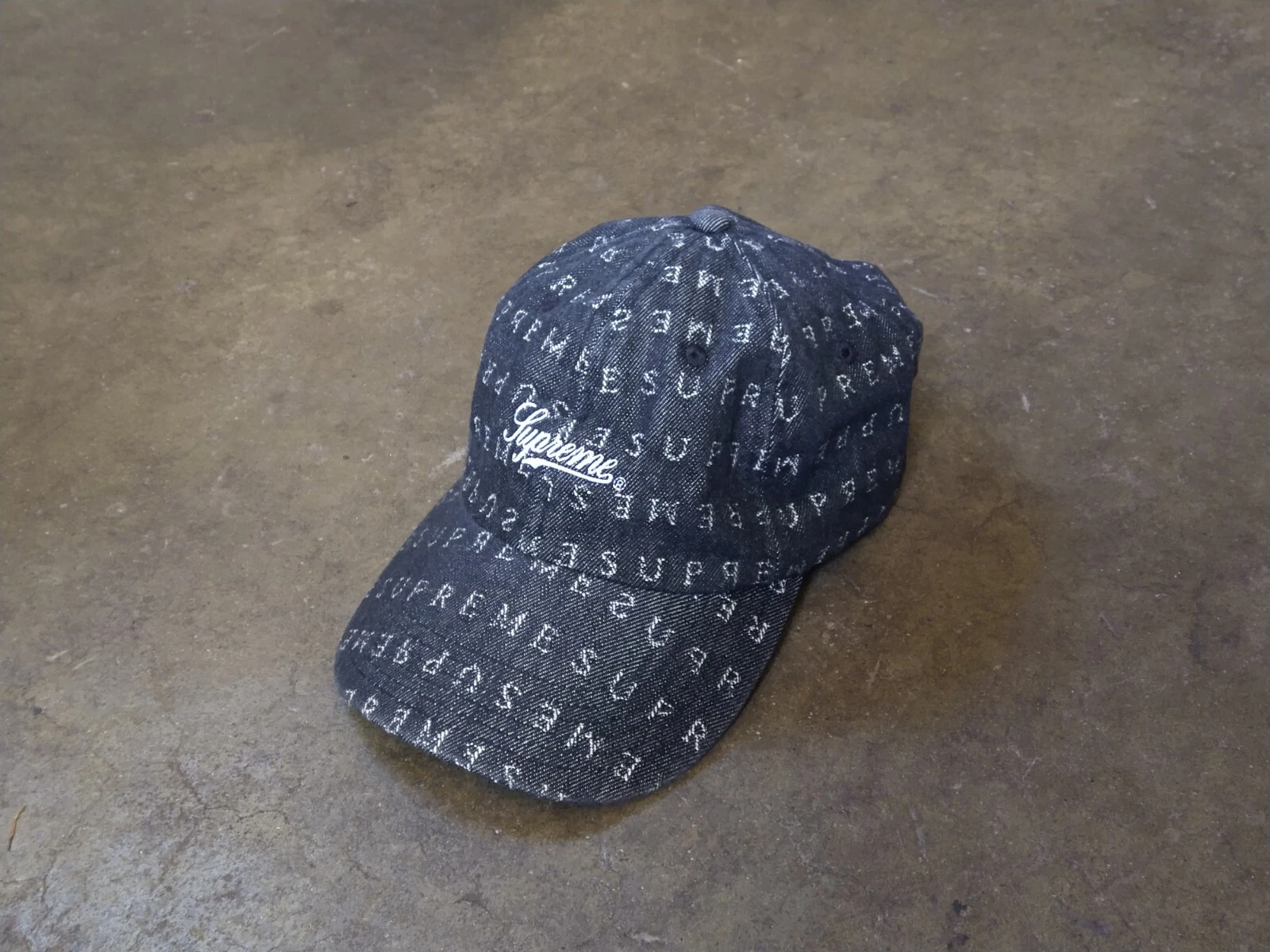 Chapeau homme noir Supreme Jacquard logo denim 6 panneaux casquette à bretelles SS20