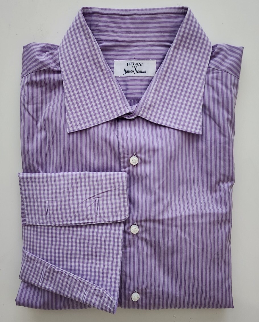 Fray Neiman Marcus Men Dress Stripe Check Shirt Made In Italy 17L